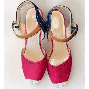 Tommy Hilfiger Strappy Wedge Shoes Womens 11M Red White Blue Canvas Straw NWOB